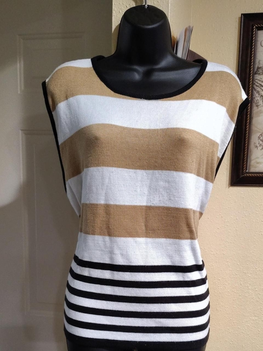 Sweet Woman Striped Knit Sleeveless Top in White, Tan & Black